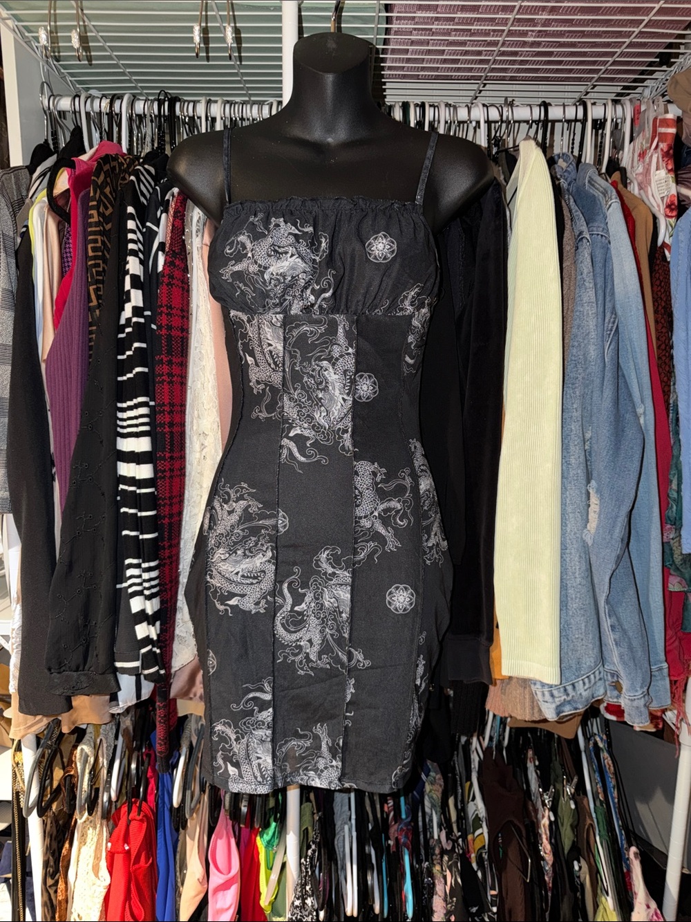 SHEIN Black Mini Dress with Silver Dragon Print